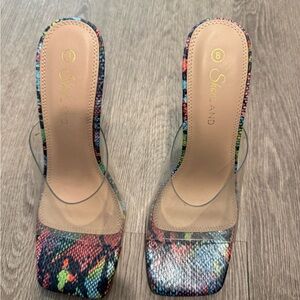 Steve Madden Multicolor Snakeskin Heels with Clear Strap